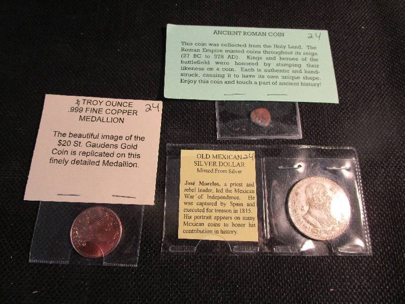 Ancient Roman Coin, Troy Ounce Fine Copper Medallion and Old Mexican Silver Dollar