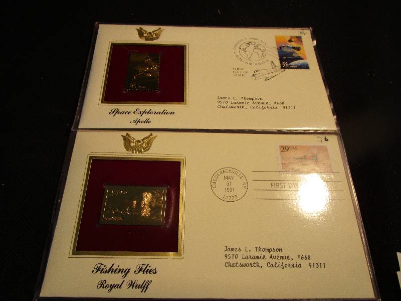 2- First Day Issue Stamps and medal Stamp, Fishing Flies and Space Exploration