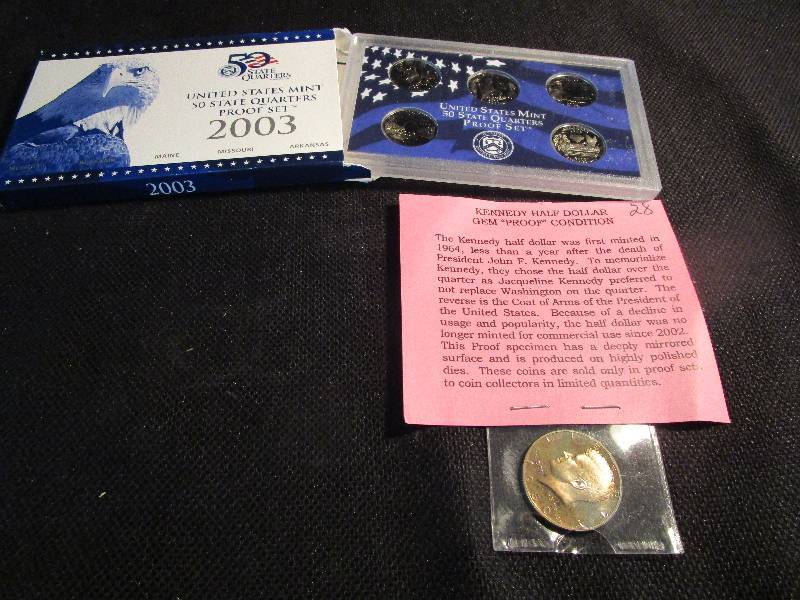 Kennedy Half Dollar and 2003 5 Quarters State Proof Set