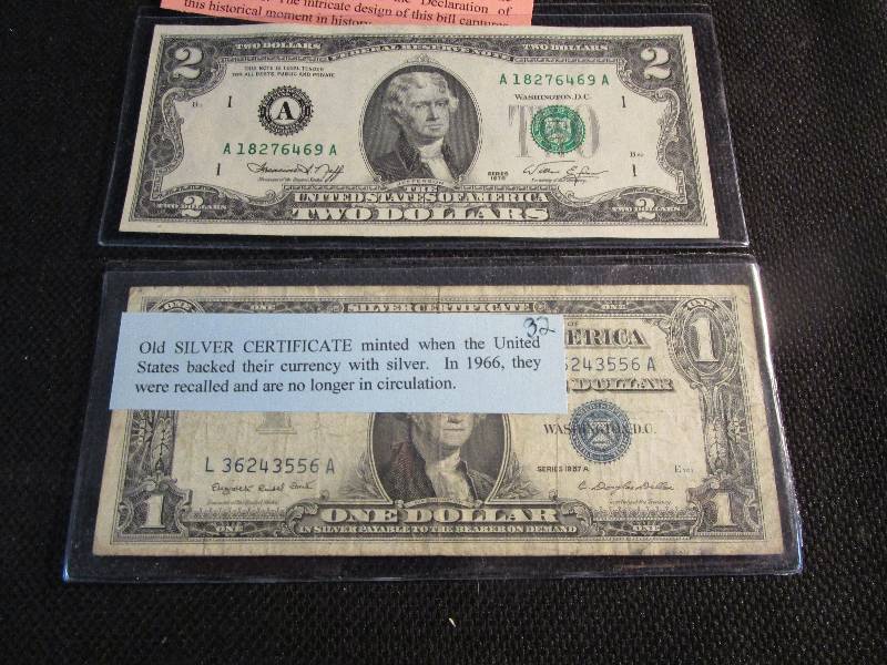 1976 Bicentennial $2.00 Note, and $1.00 Silver Certificate