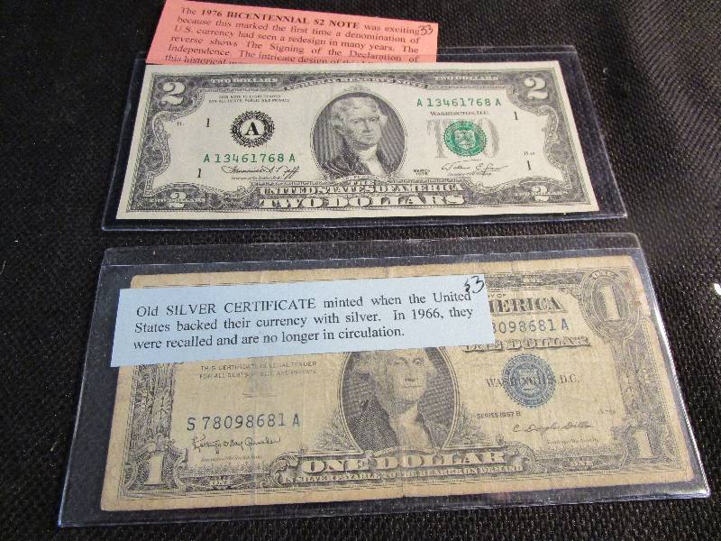 1976 Bicentennial $2.00 Note, and $1.00 Silver Certificate