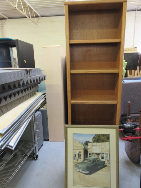 OAK BOOKCASE AND ART