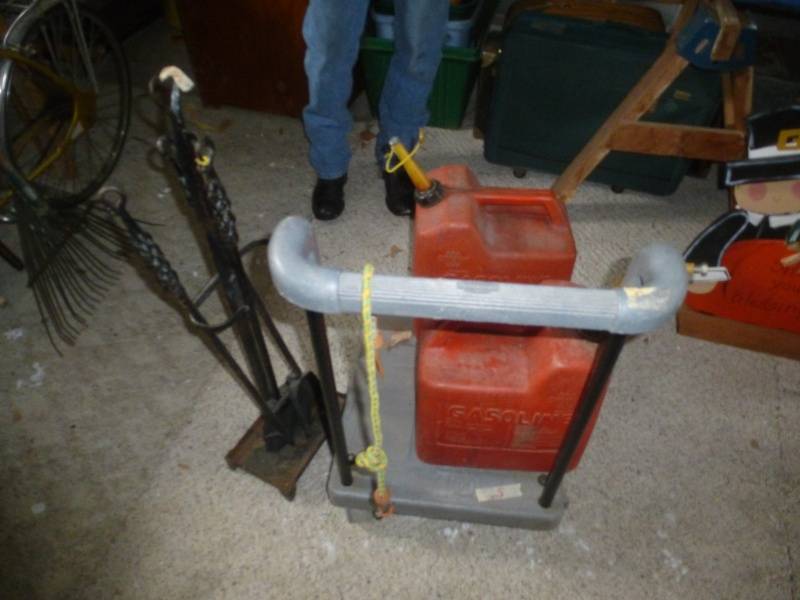 Gray Cart, Gas Cans, Fire Place Set