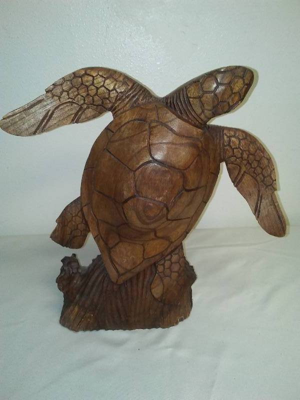 �� Hand Carved Wood Sea Turtle, 14 x 13