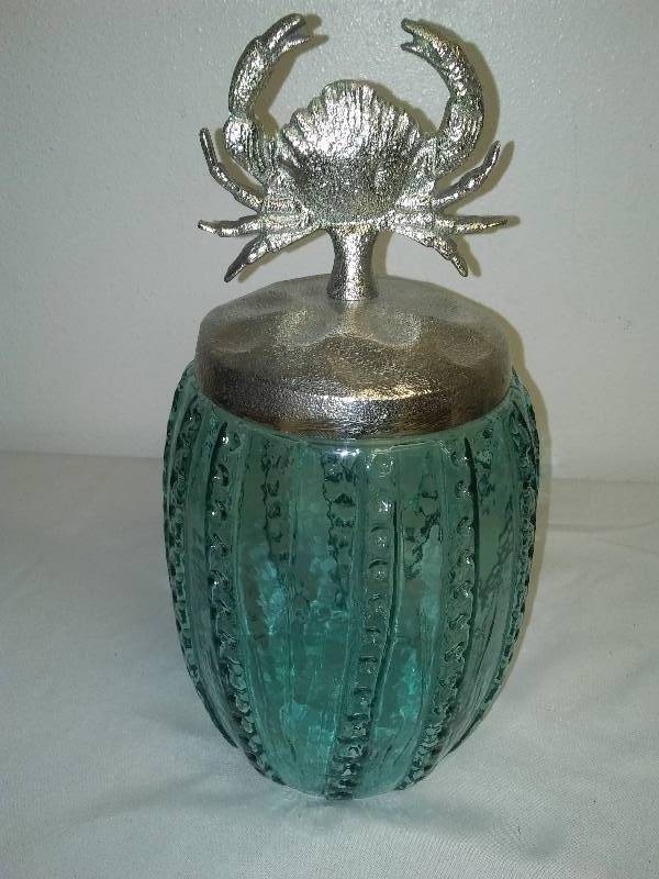 � Turquoise Blue Glass Jar with Crab lib, 13 in. tall