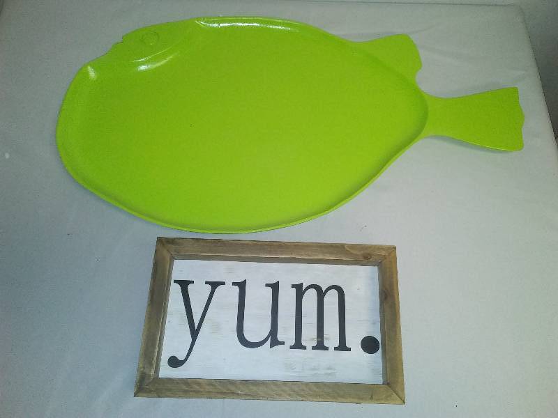 Wood Fish Tray and YUM wall dcor