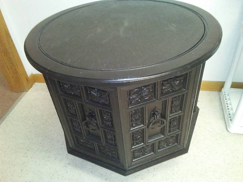 Black Octagon End Table, Stone top, 26 x 21 in.