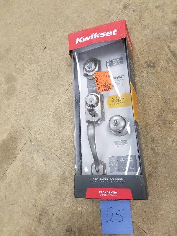 Kwikset Montar Satin Nickel Single Cylinder Door Handleset with Juno Entry Knob featuring Smartkey