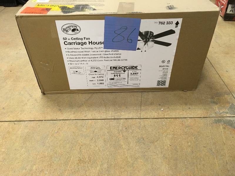 Hampton Bay Carrage House 52 Ceiling Fan in Brushed Nickel not used open box