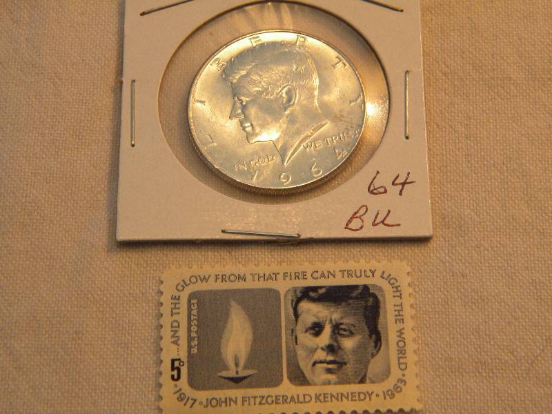 1964 Kennedy Silver Half Dollar & 1964 Kennedy 5 Cent Stamp