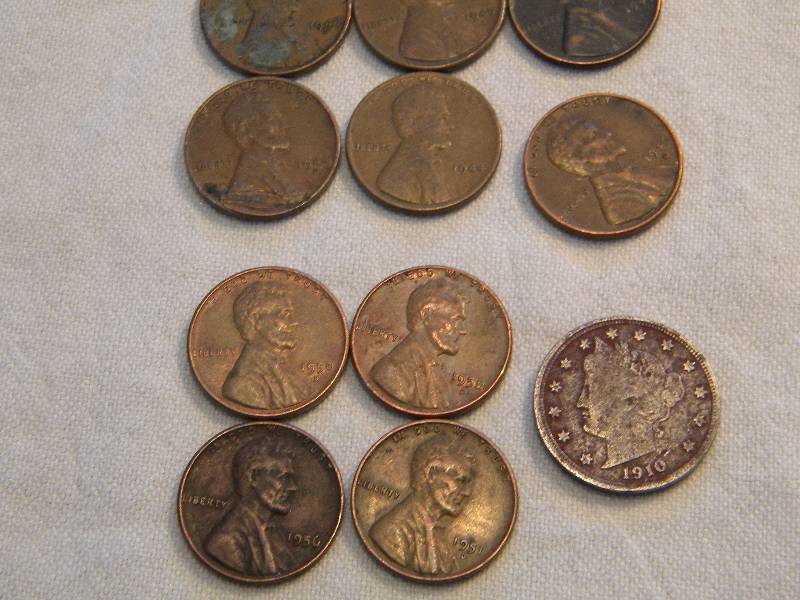 1910 Liberty Nickel and 10 Wheat Back Pennies