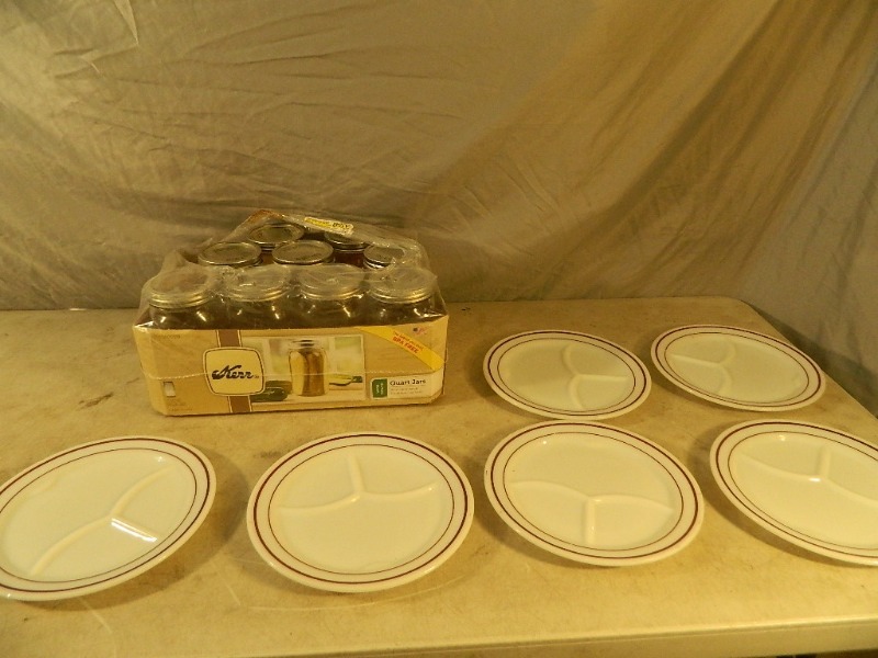lot 138 image: 9 Canning Jars and Vintage Corning Plates