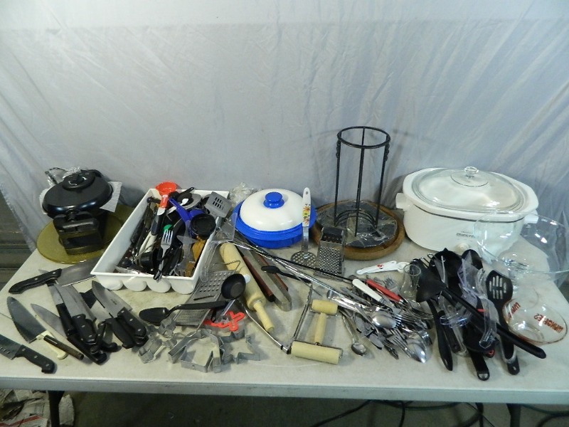 lot 193 image: New Waffle Maker, Knives, Crock Pot, and More