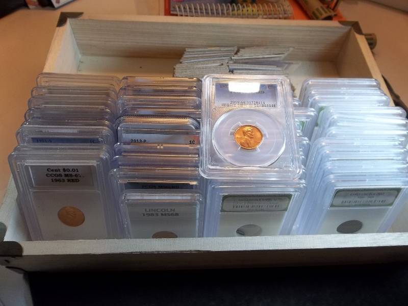 Small Crate Full Of Over 100 Lincoln Cents 40 In Holders Most PCGSNGC Graded-Most MS64 Or Proofs Also 60 More In 2x2 Slabs From 1920s To 2006