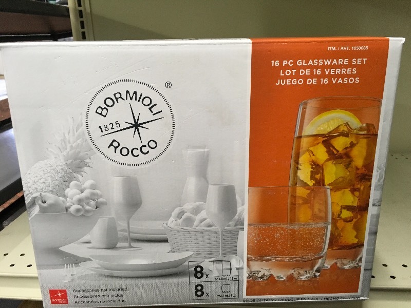 lot 570 image: BORMIOLI ROCCO 16 PC GLASSWARE, MSRP $18.99