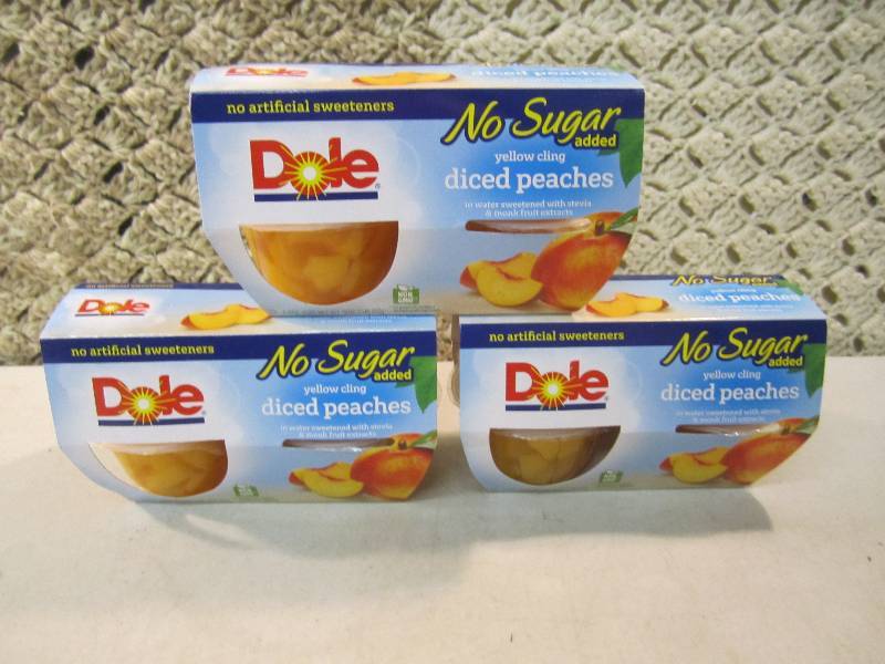 lot 110 image: Lot of 3 - 4 packs Dole Diced Peach...