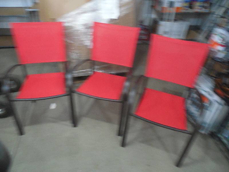lot 15 image: (3) Stackable Sling Outdoor Dining Chair in Ruby