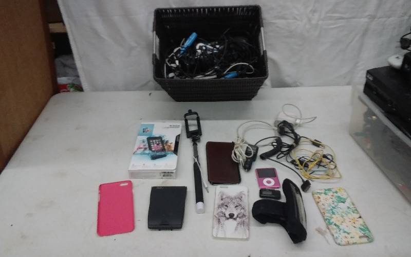 lot 11 image: Lot Of Cell Phone Chargers, Cases, Life Proof Case For I-Phone 6 Plus Selfie Stick, 8g I-Pod
