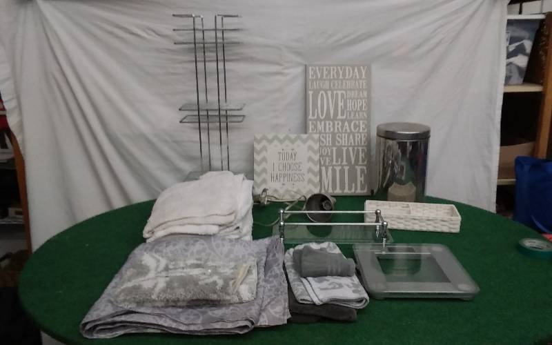 lot 22 image: Large Box Lot Of Bathroom Rugs, Shower Curtain, Scale, Trash Can, Pictures, Misc