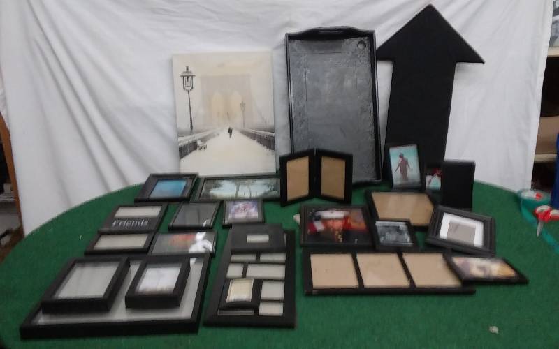 lot 27 image: Large Box Lot Of Snow Scene Picture, Tray, Arrow, & Assorted Frames