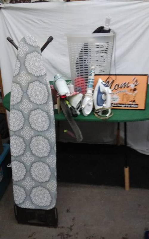 lot 30 image: Ironing Board, Rowenta Iron, Rival Steamer, Hamper, Shoe Rack, Misc