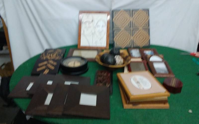 lot 31 image: Large Box Lot Of Wood Decor, Clock, Mirrors, Bowl, Spheres, More