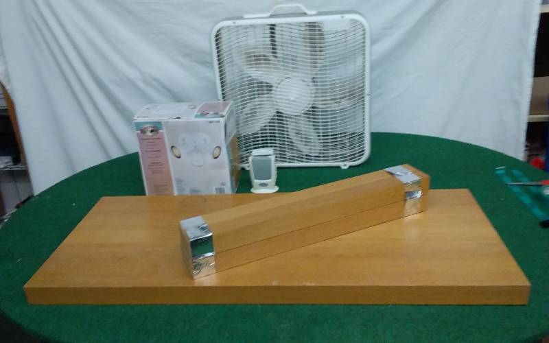 lot 32 image: Ikea Table 43x18x26, Box Fan, Ceiling Light Fixture Wireless Door Bell