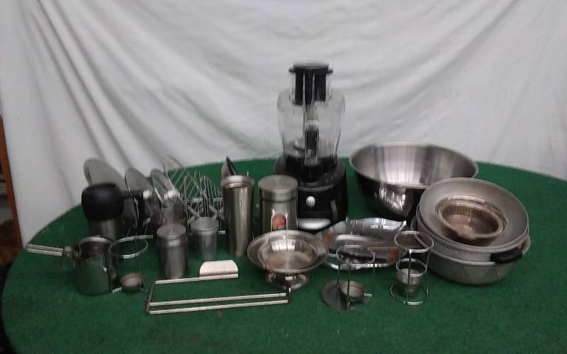 lot 34 image: Large Box Lot Of Stainless Steel Mixing Bowls, Food Processor, & Accessories, More