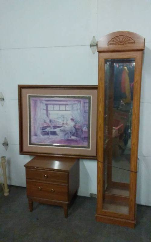 lot 38 image: Framed Print By Lewis Hastings 39x34, 2-Drawer Night Stand 20x18x23, Lighted Tall Cabinet-No Shelves 16x13x75