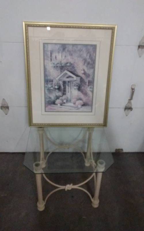 lot 40 image: Glass Top Table With Heavy Metal Base 27x27x21, Framed Print, 29x35