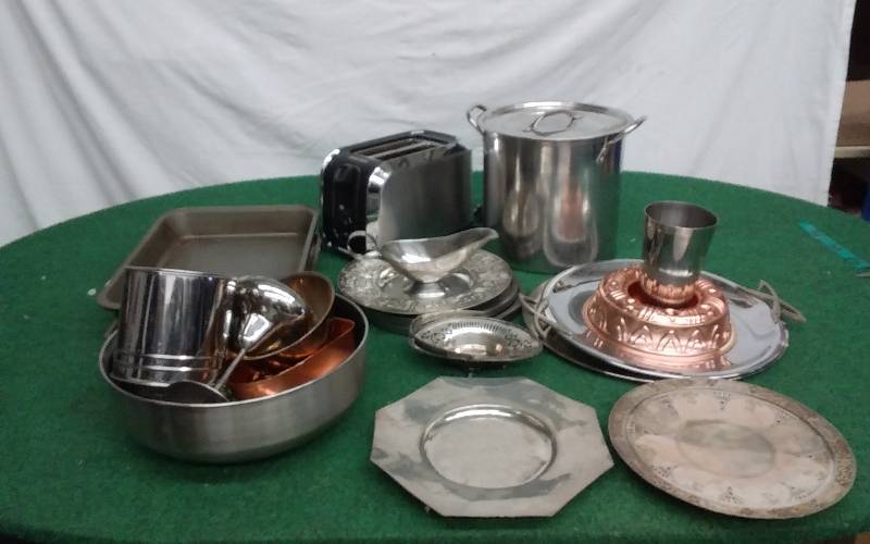 lot 42 image: Large Box Lot Of Stainless Steel & Other Metal Serving Pieces, Stock Pot, Bake Ware