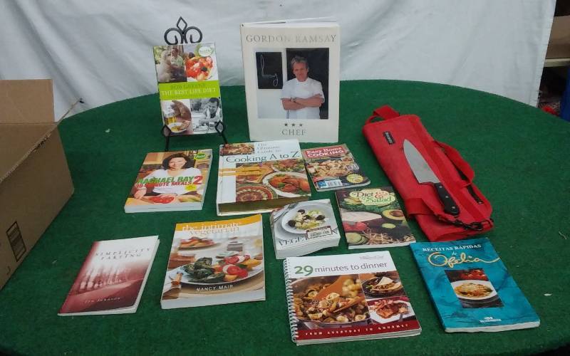 lot 51 image: Westhof Butcher Knife, Gordon Ramsey Cookbook & Other Cook Books, Messermeist Chefs Knife Bag
