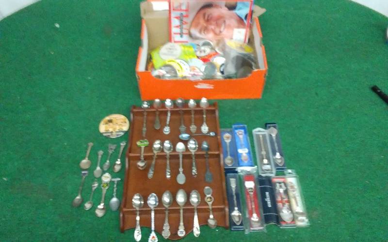 lot 58 image: Lot Of Collectibles, Political & Other Pin Buttons, Souvenir Spoons & Rack