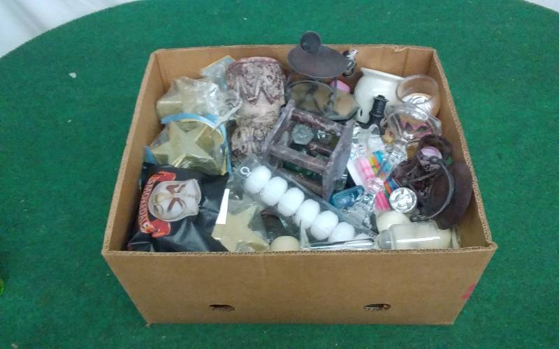 lot 59 image: Large Box Lot Of Candles (Some New), Candle Holders, Magnets, Mirrors, More