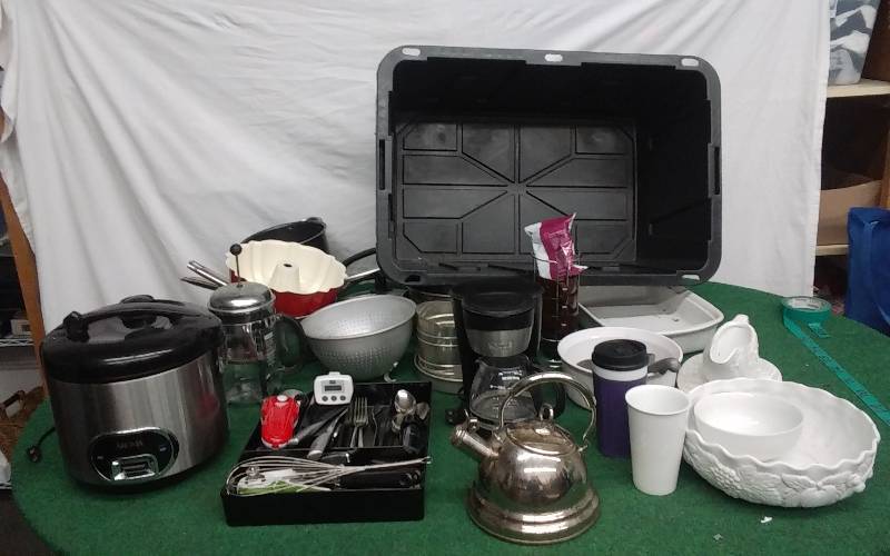 lot 65 image: Heavy Duty Tote Full Of Kitchenwares, Pots, Pans, Arona Rice Cooker, Utensils, Serving Dishes