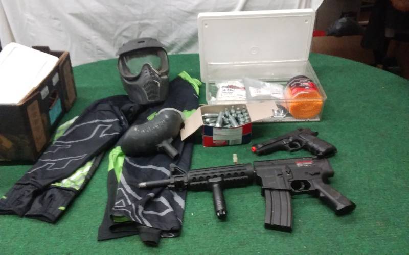 lot 70 image: Paintball Jersey, Hopper, Mask, CO2 Cartridges, Air Soft BBs & Air Soft Gun Parts