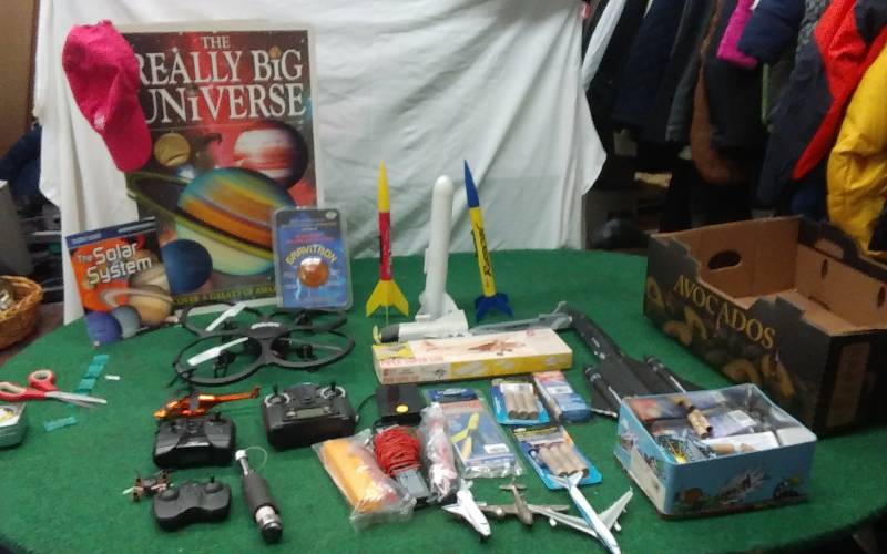 lot 71 image: Box Lot Misc Model Rockets, Balsa Wood Airplane, RC Helicopter Parts, & Drone, Space & Solar System Related