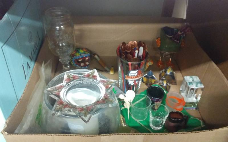 lot 72 image: Box Lot Ash Trays, Shot glasses, Vintage Stir Sticks(Vegas), Prisms, More