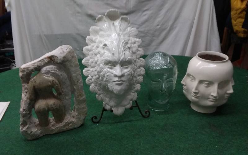 lot 86 image: 4-StatueFigurines Face Vase, Glass Head, Face Wall Decor, Soap Stone Lady Statue