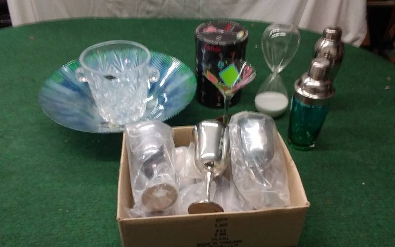 lot 87 image: Crystal Ice Bucket (Ireland), Fancy Bowl, Sand Hour Glass, 7-Silver Plate Goblets, Lolita Martini Glass With Box
