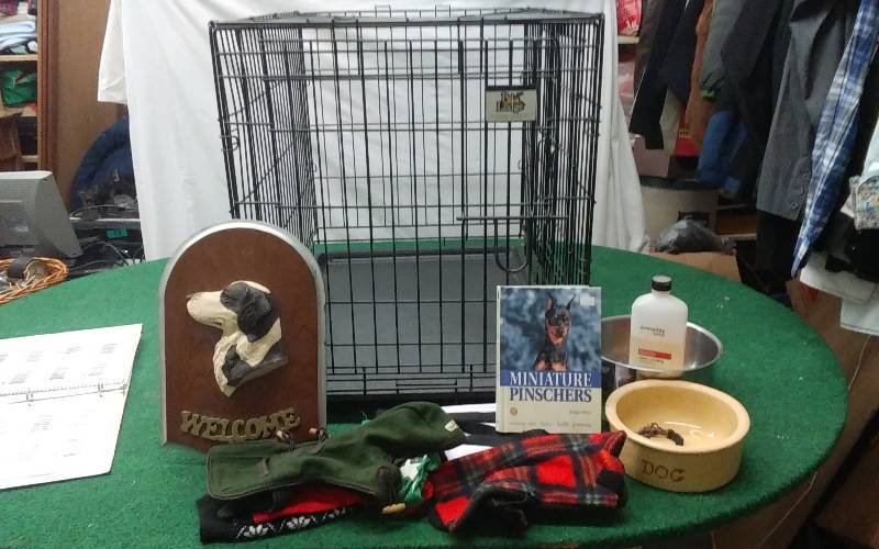 lot 95 image: Pet Lodge Kennel (30x20x24) Folds Down, Small Dog Clothes, Dog Dishes, Books, Related