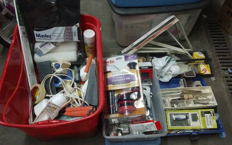 lot 102 image: Tote Full Of Painting Related, Hardware, Home Repair