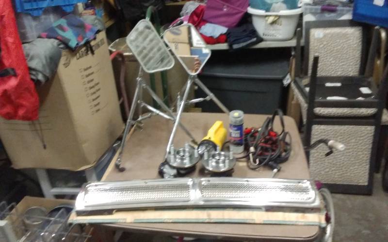 lot 107 image: Pair Of Tow Mirrors, 1964 Corvair Motor Grill (NOS), Pair Wheel Bearings, Misc.