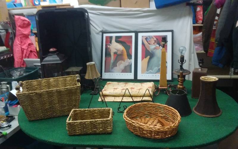 lot 111 image: 2-Bill Bauer Prints, Assorted Lamps & Shades, Candle Lantern, Palm Tree Throw, Baskets, Includes Tote