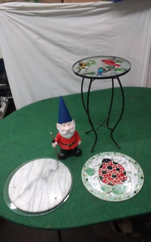 lot 113 image: Small Round Glass Top Patio Table With Birds, Garden Gnome, Round Lady Bug Mosaic, Marble & Glass Rounds