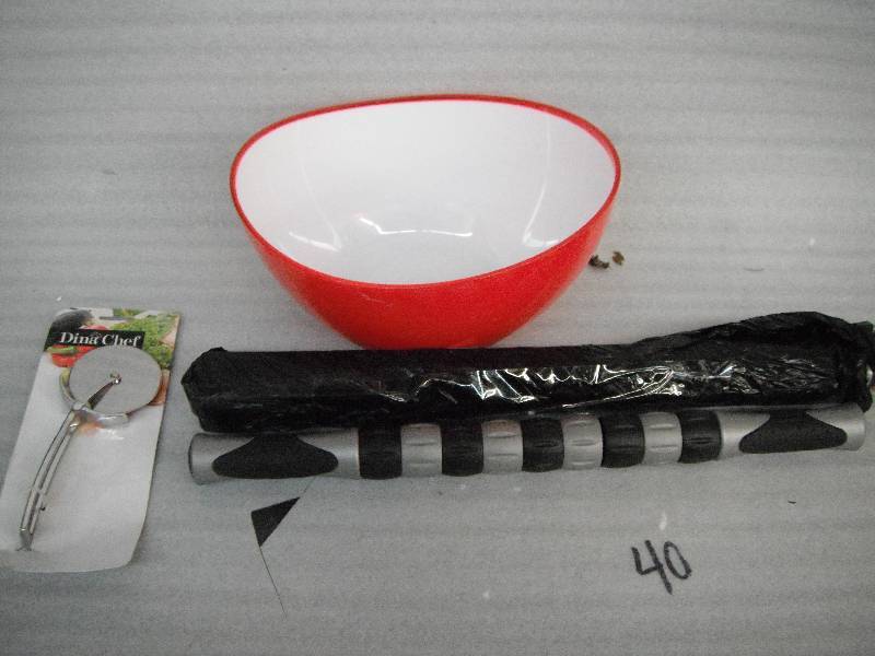 Red Plastic Bowl, Pizza Cutter & Massager