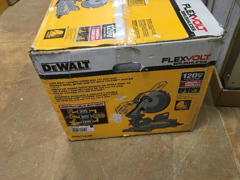 lot 62 image: DeWalt 120V Max FLEXVOLT Cordless Lithium-Ion 12 in. Fixed Compound Miter Saw with Adapter open box in like new condition