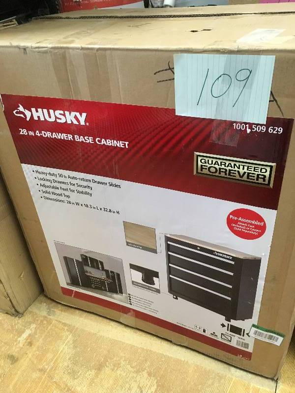 lot 109 image: Husky 28 in. 4 Drawer Base Cabinet, Black