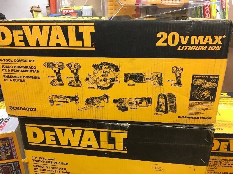 lot 127 image: DEWALT 20-Volt MAX Lithium-Ion Cordless Combo Kit (9-Tool) with (2) Batteries 2Ah, Charger and (2) Contractor Bags open box never used