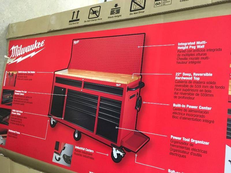lot 136 image: Milwaukee 60.125 in. 11-Drawer and 1-Door 22 in. D Mobile Workbench with Sliding Pegboard Back Wall, Red and Black open box never used
